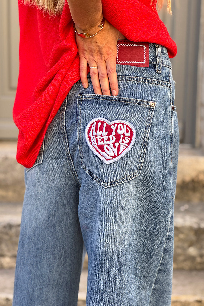 Stone Wash “All You Need is Love” Wide-Leg Retro Jeans