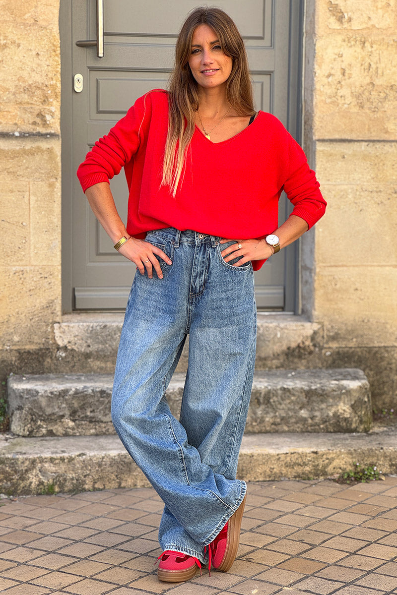 Stone Wash “All You Need is Love” Wide-Leg Retro Jeans