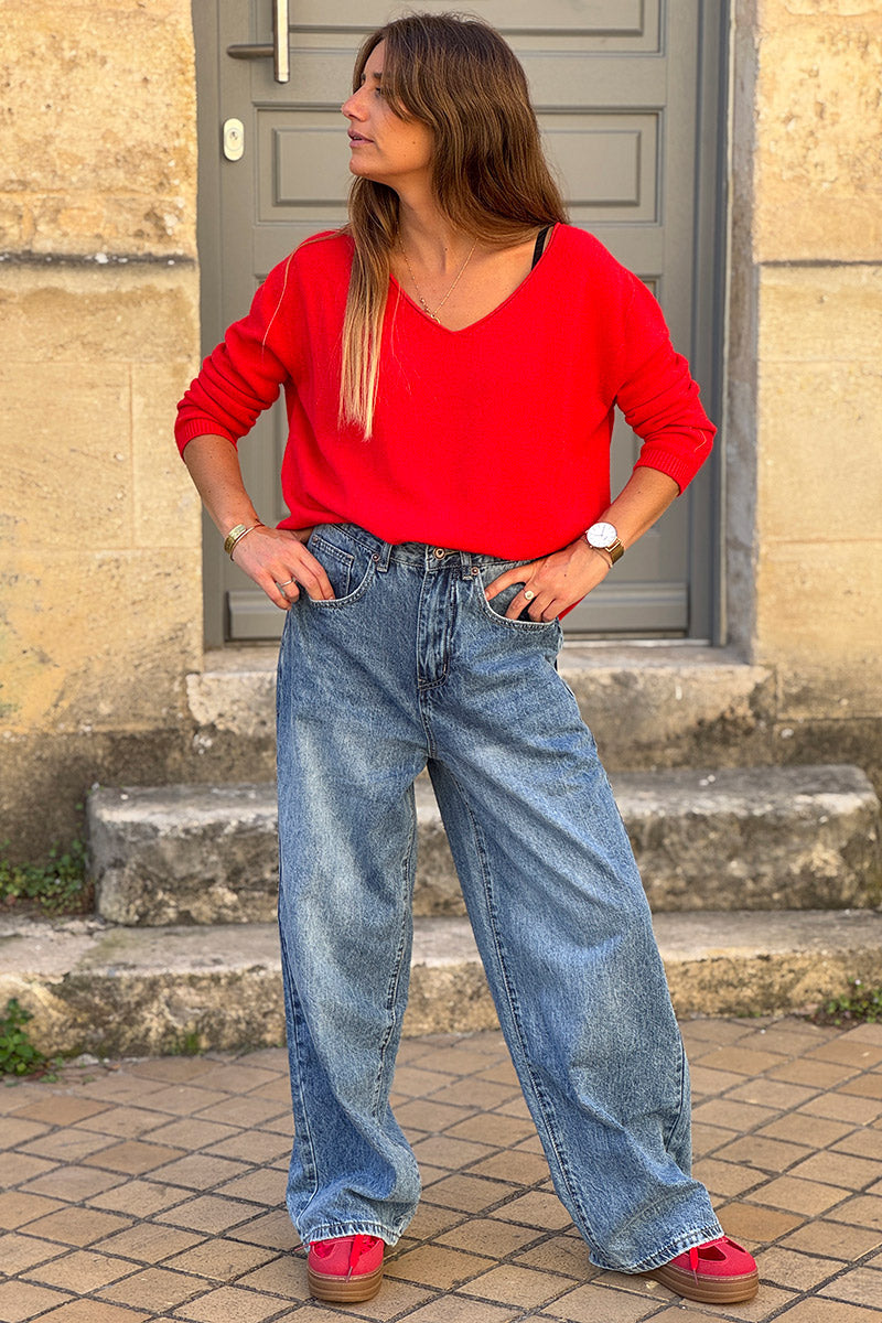 Stone Wash “All You Need is Love” Wide-Leg Retro Jeans