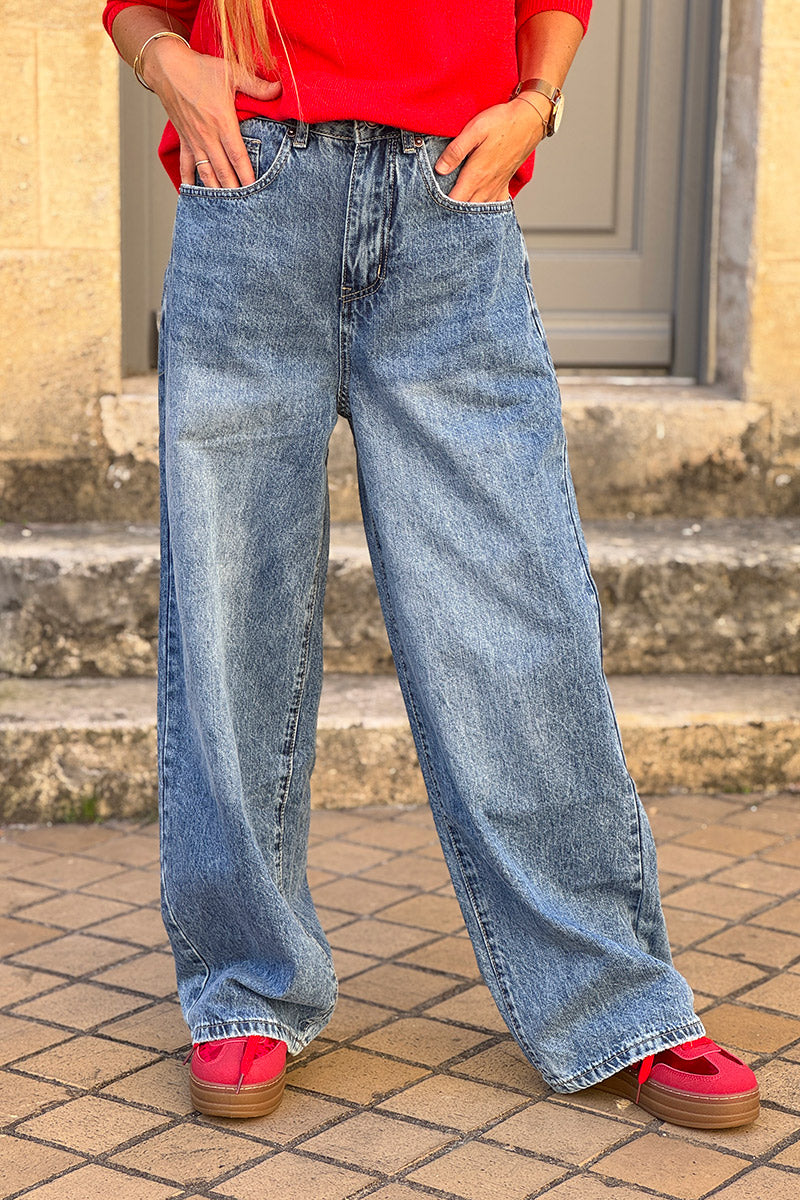 Stone Wash “All You Need is Love” Wide-Leg Retro Jeans