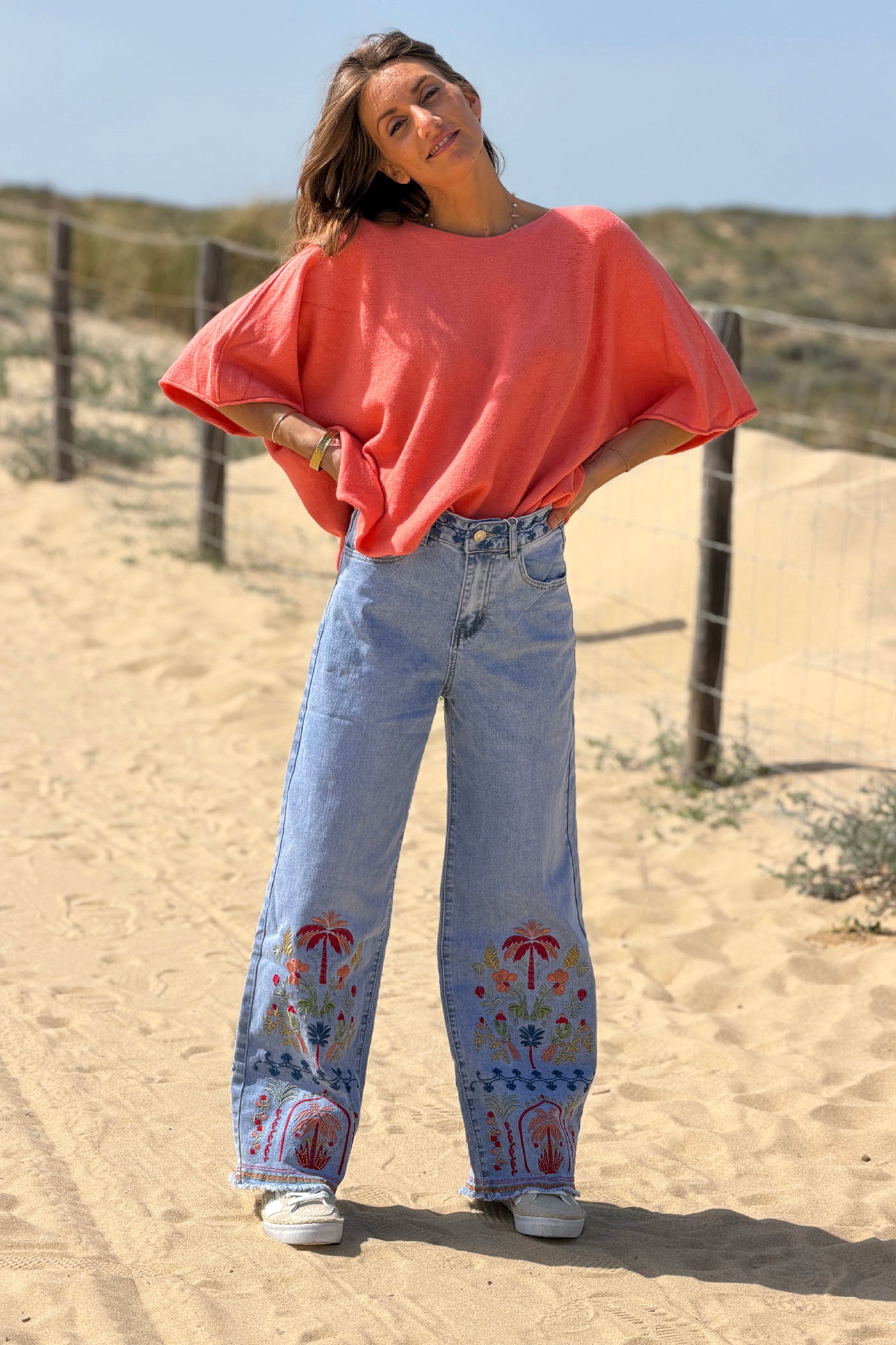Chambray Tropical Embroidered Wide-Leg Jeans