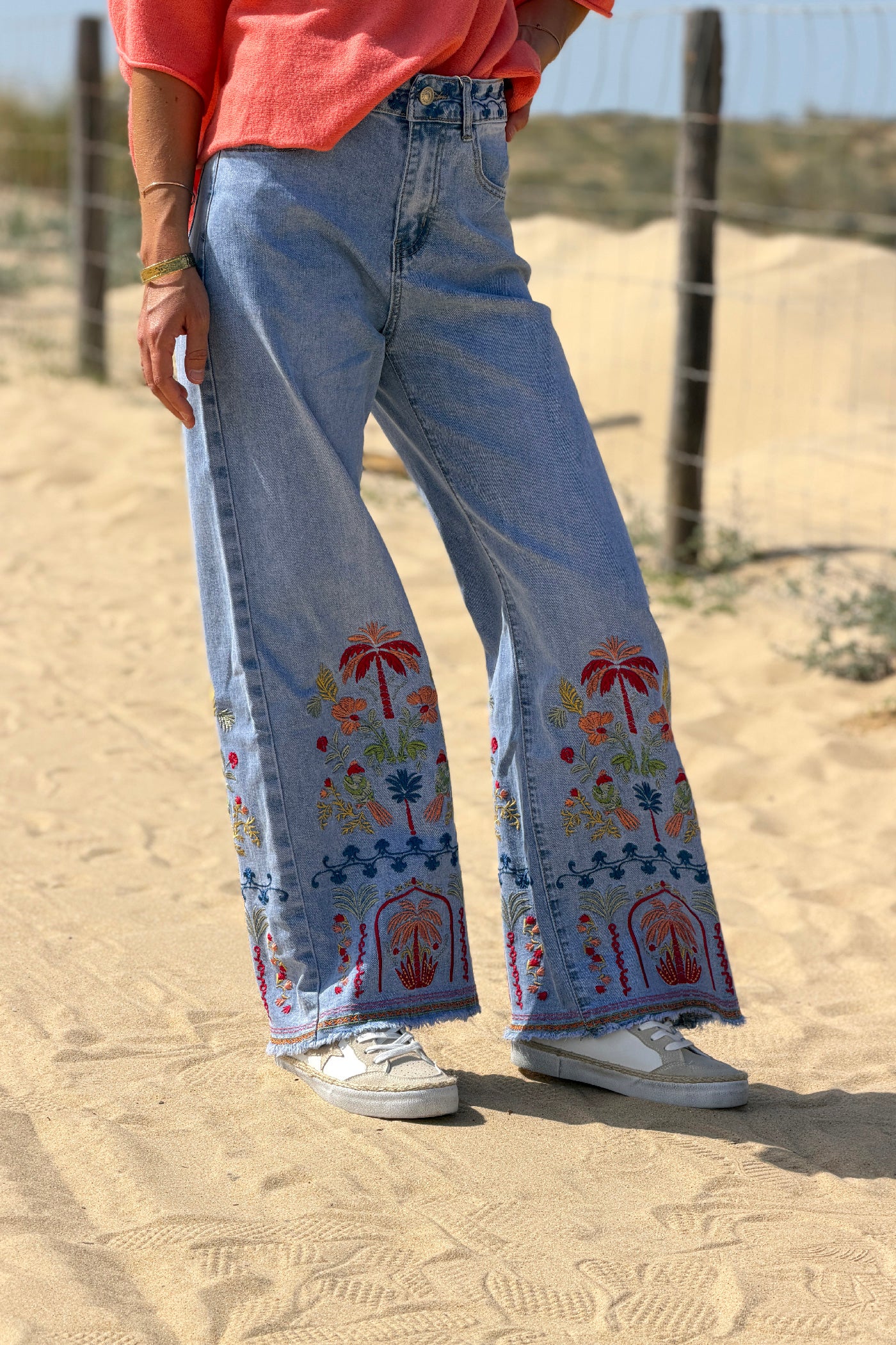 Chambray Tropical Embroidered Wide-Leg Jeans