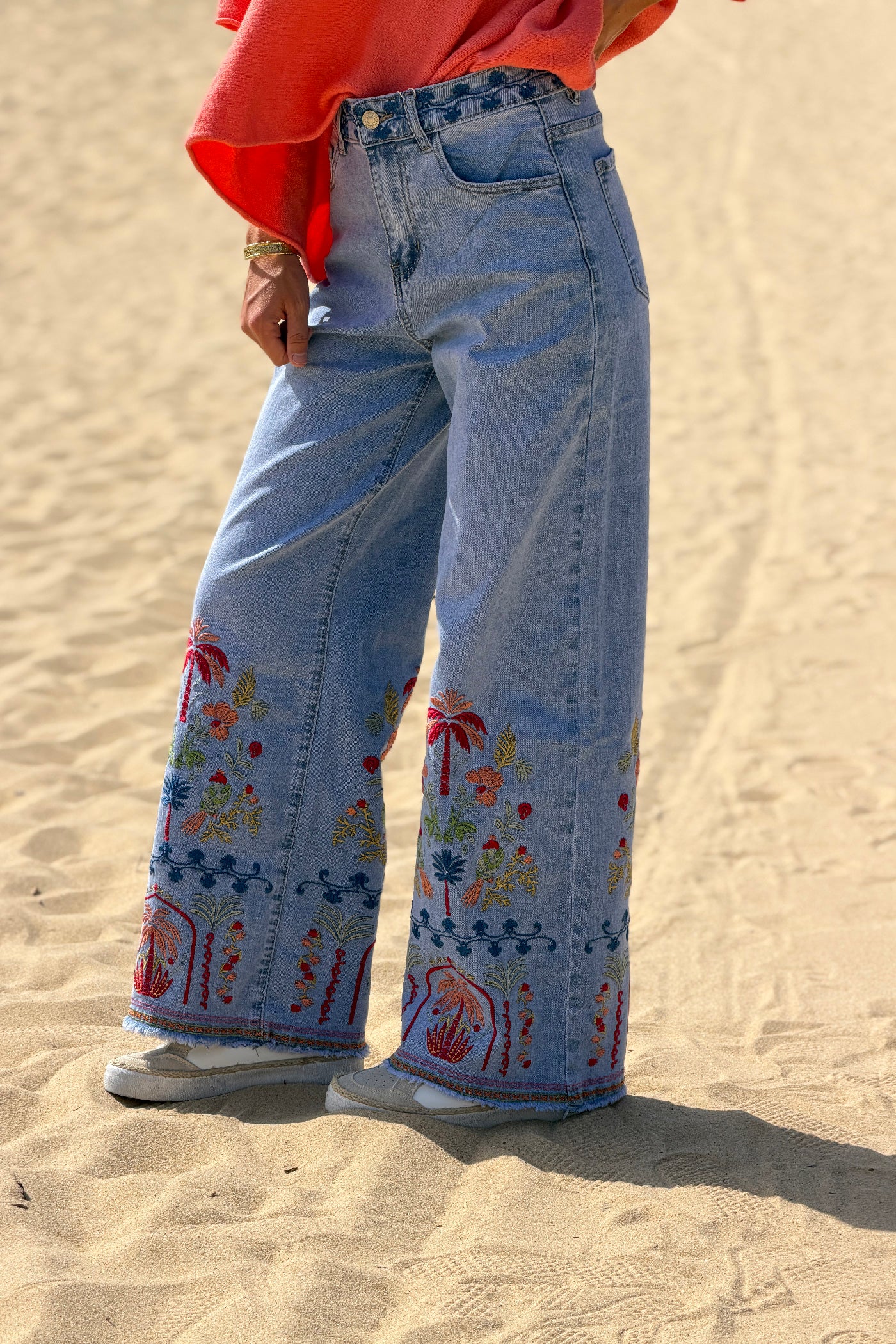 Chambray Tropical Embroidered Wide-Leg Jeans