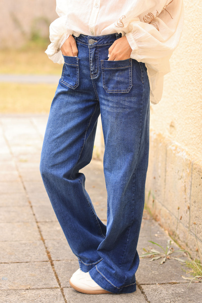 Dark denim straight cut jeans with large patch pockets