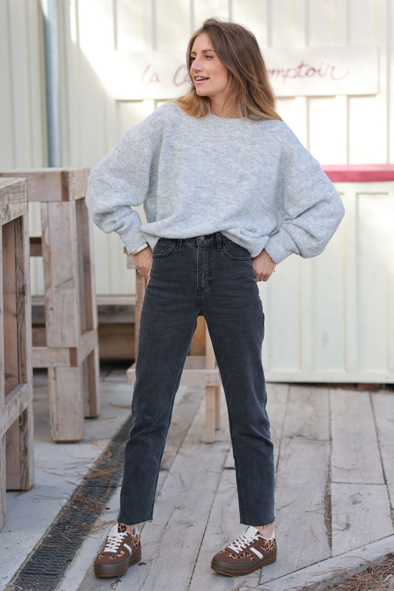 Grey Medium Wash Cropped Jeans with Fringe Cuff