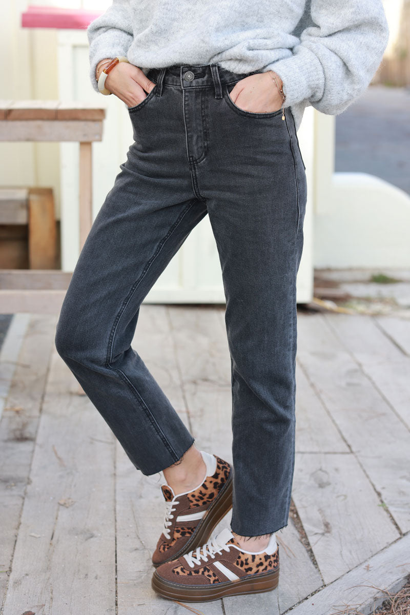 Gray Medium Wash Cropped Jeans with Fringe Cuff