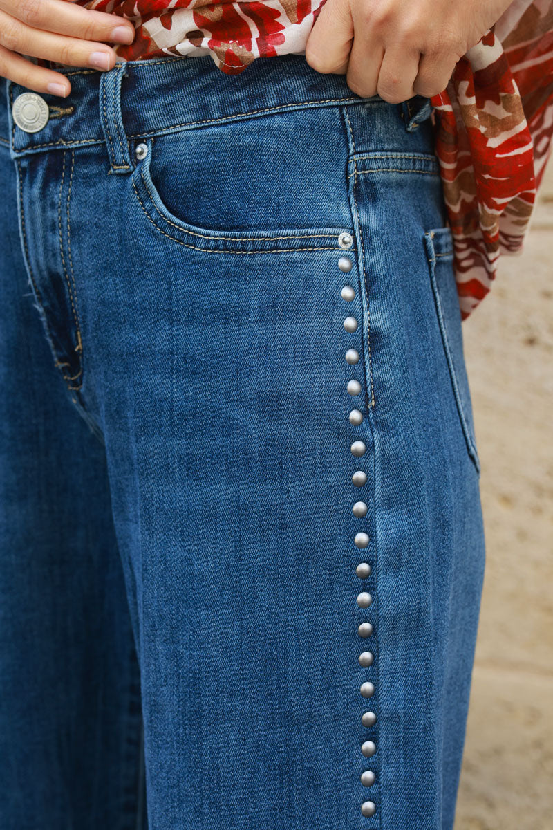 Washed denim wide straight leg jeans, stud and unfinished hems