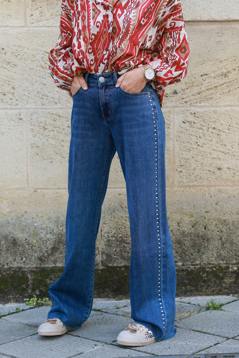 Washed denim wide straight leg jeans, stud and unfinished hems