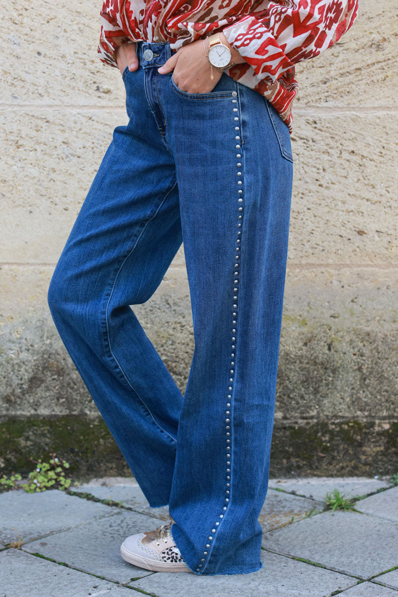 Washed denim wide straight leg jeans, stud and unfinished hems