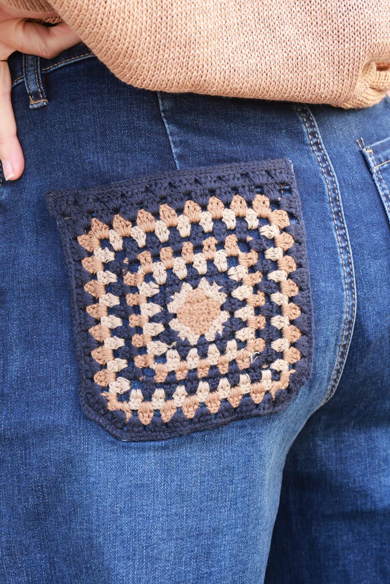 Wide leg dark washed jeans with crochet pockets