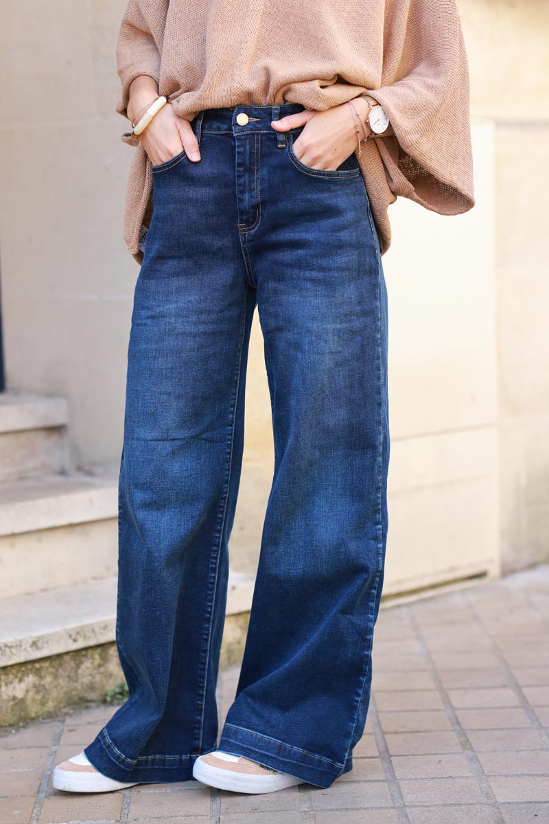 Wide leg dark washed jeans with crochet pockets