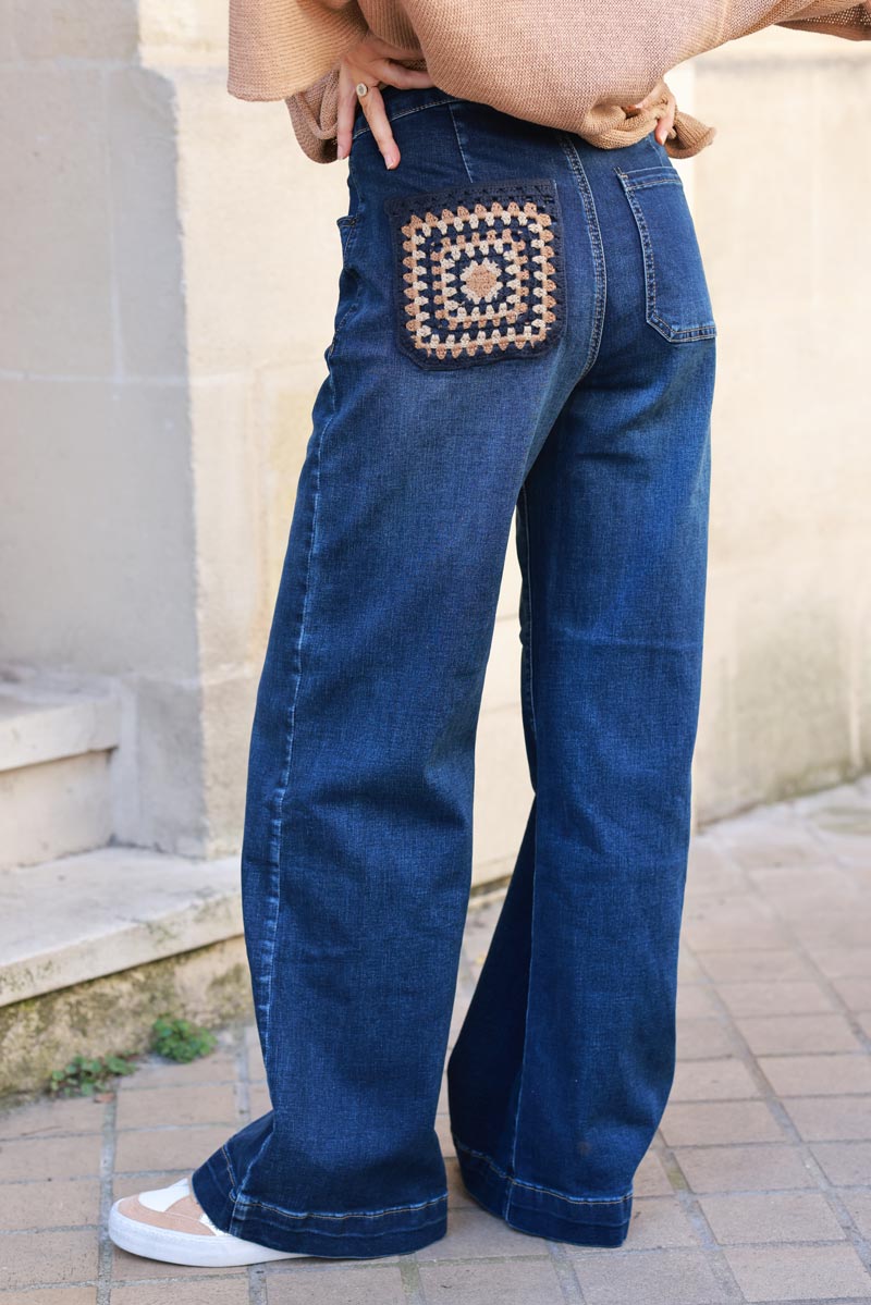 Wide leg dark washed jeans with crochet pockets