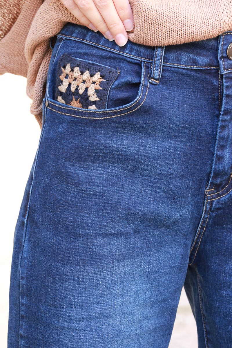 Wide leg dark washed jeans with crochet pockets