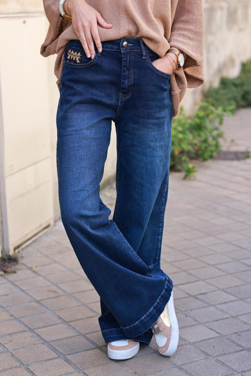 Wide leg dark washed jeans with crochet pockets