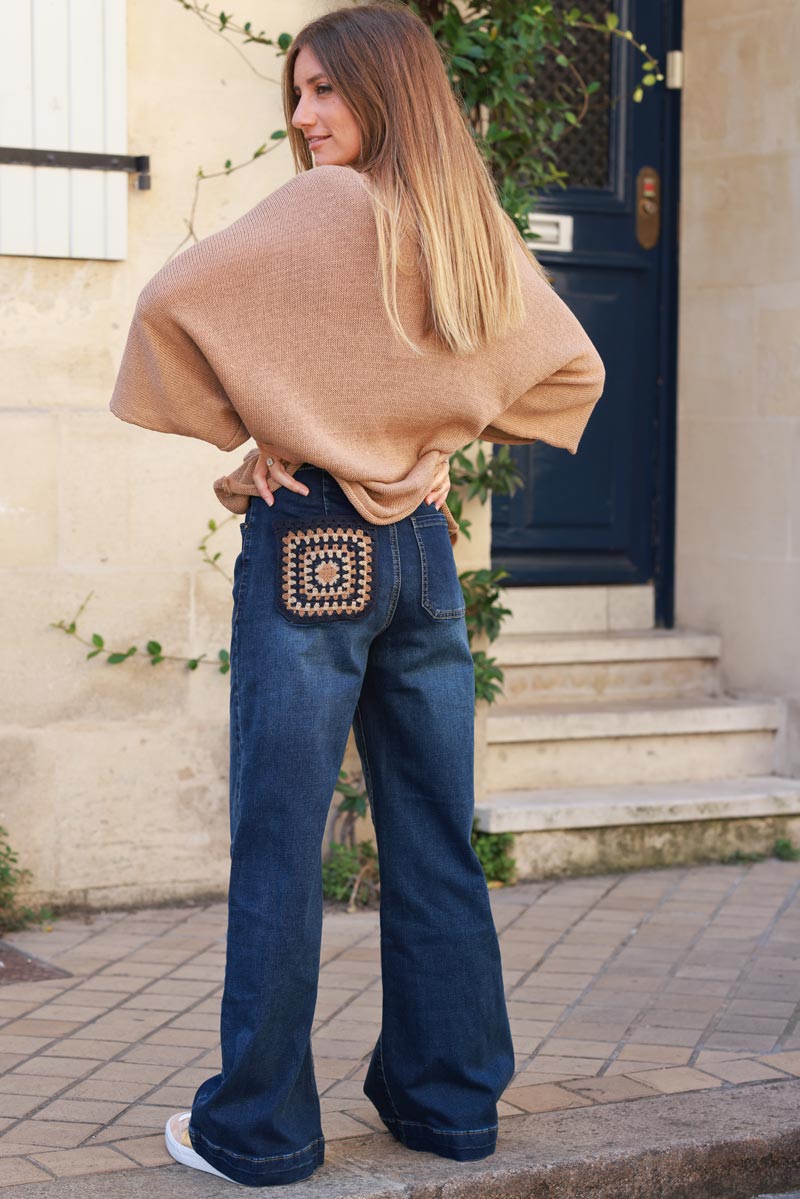 Wide leg dark washed jeans with crochet pockets