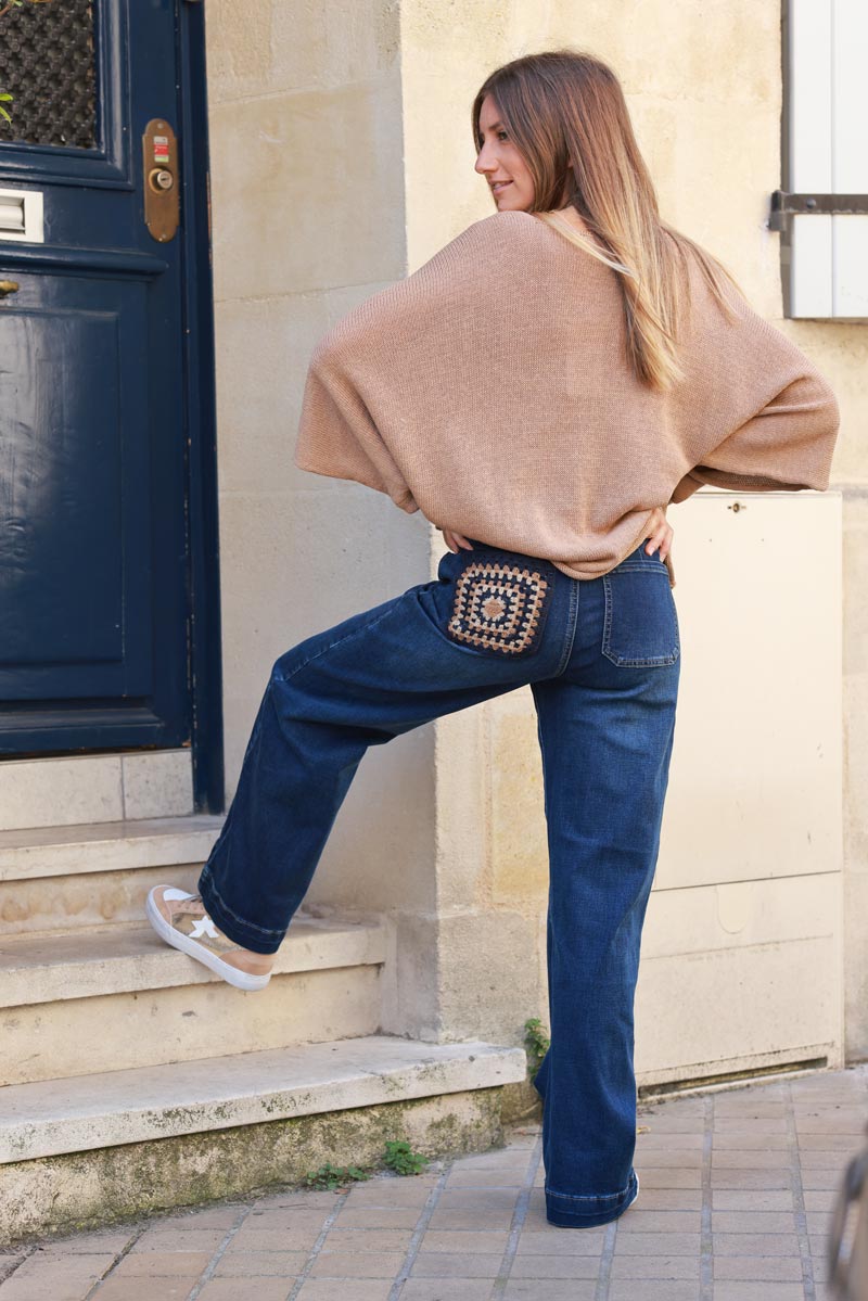 Wide leg dark washed jeans with crochet pockets