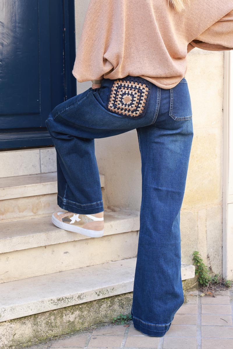 Wide leg dark washed jeans with crochet pockets