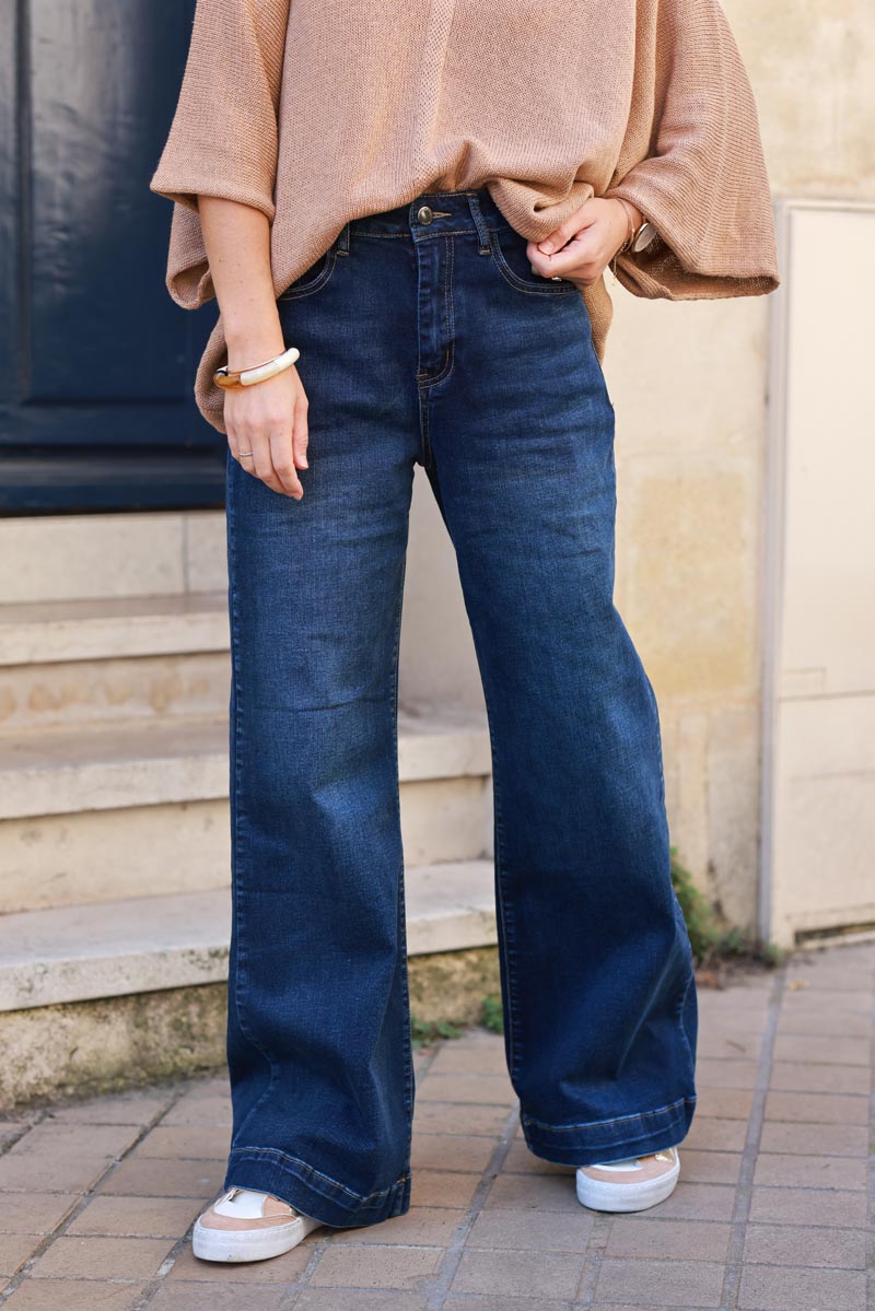 Wide leg dark washed jeans with crochet pockets