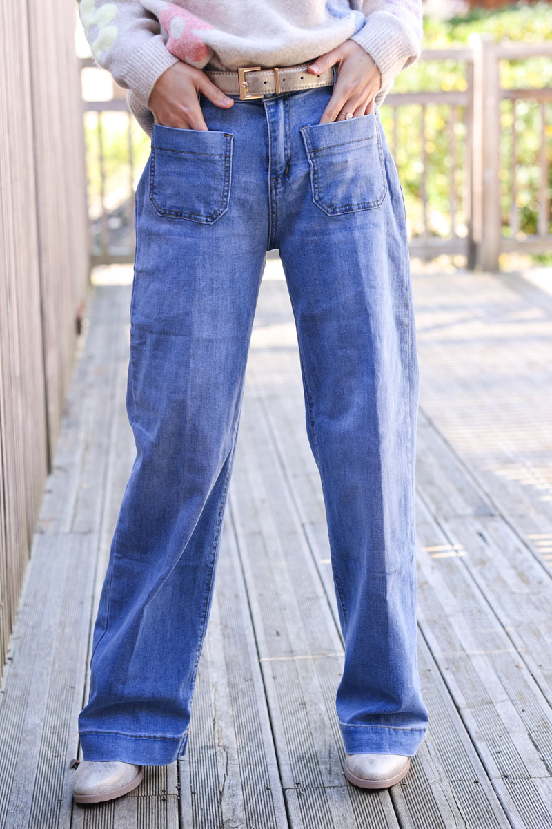 Wide leg light wash jeans with patch pockets