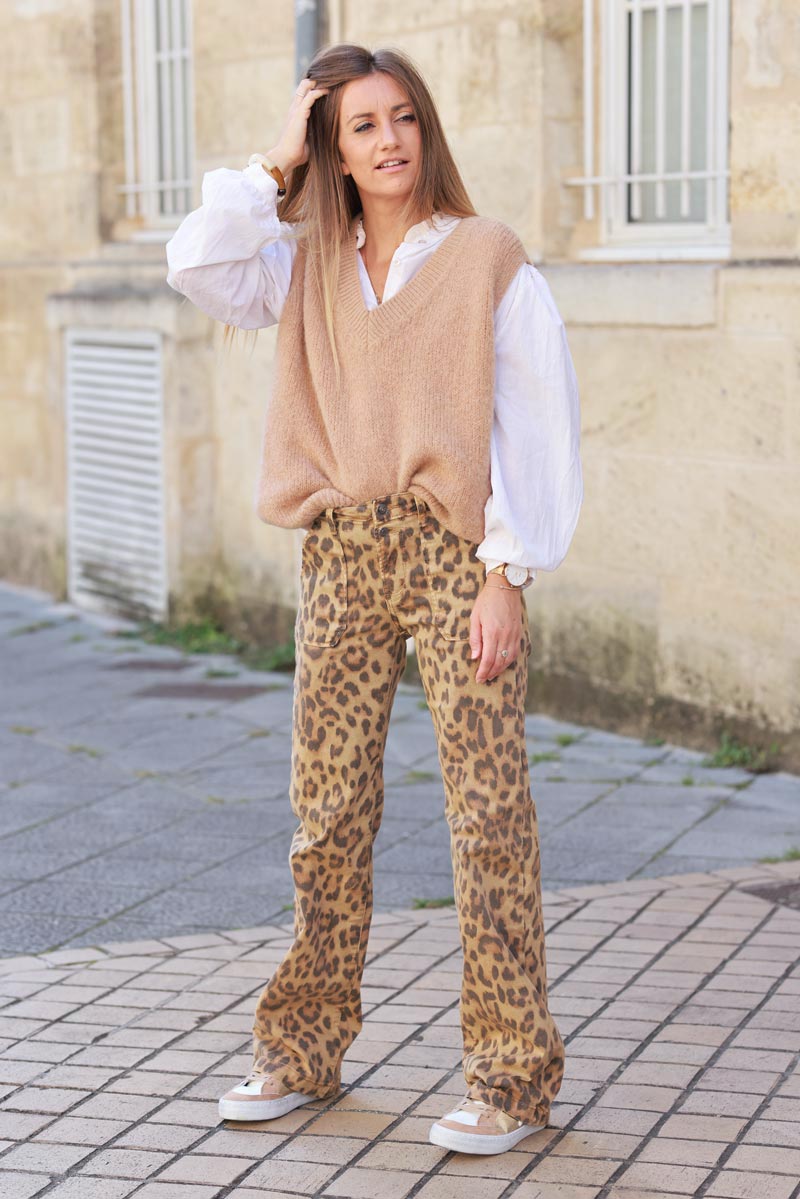 Leopard wide leg jeans with patch pockets