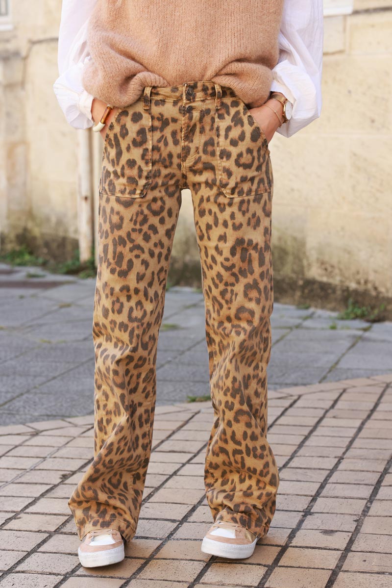 Leopard wide leg jeans with patch pockets