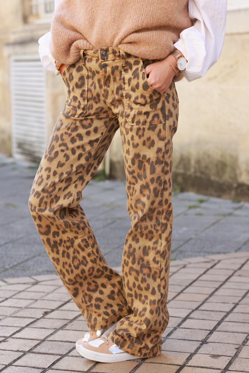 Leopard wide leg jeans with patch pockets