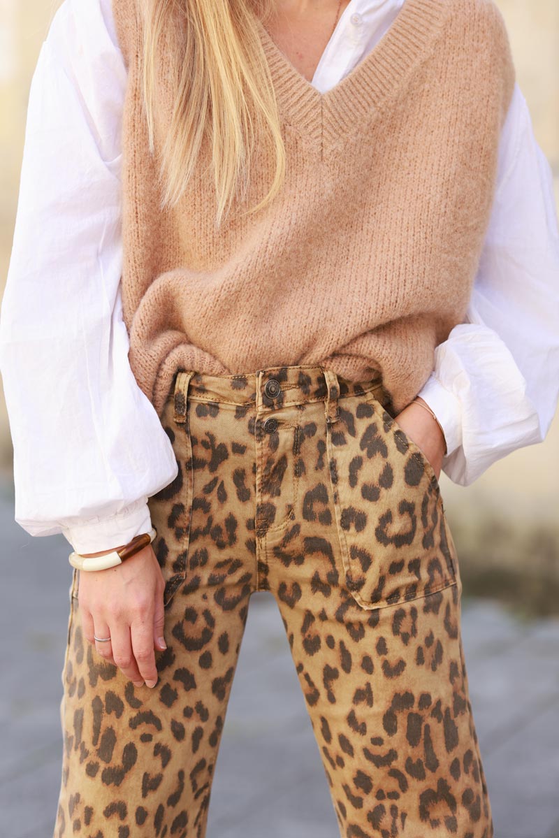 Leopard wide leg jeans with patch pockets