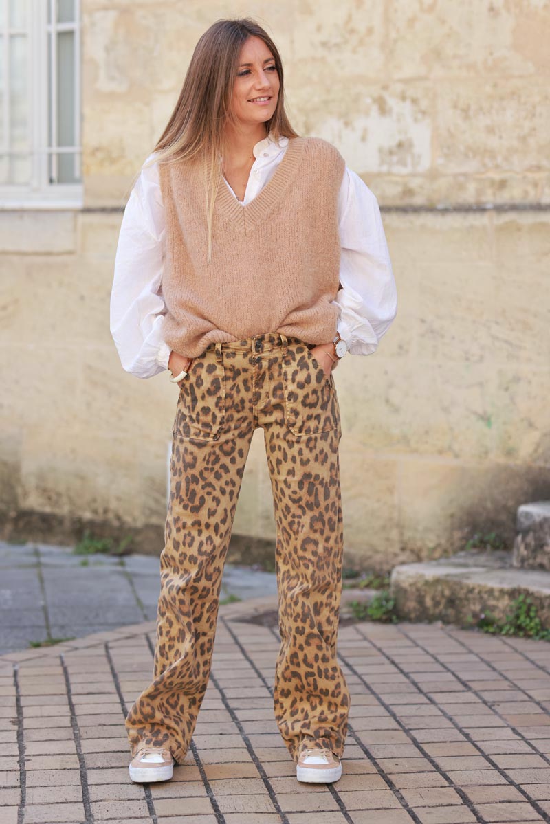 Leopard wide leg jeans with patch pockets