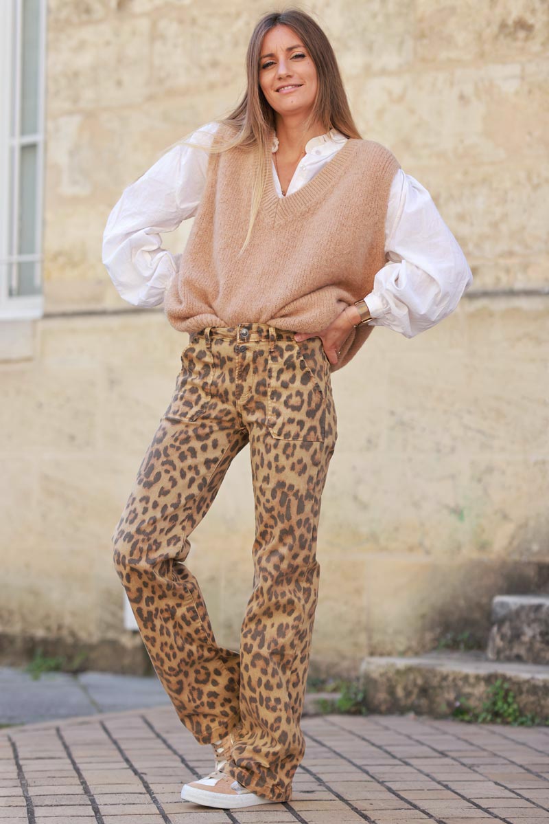 Leopard wide leg jeans with patch pockets