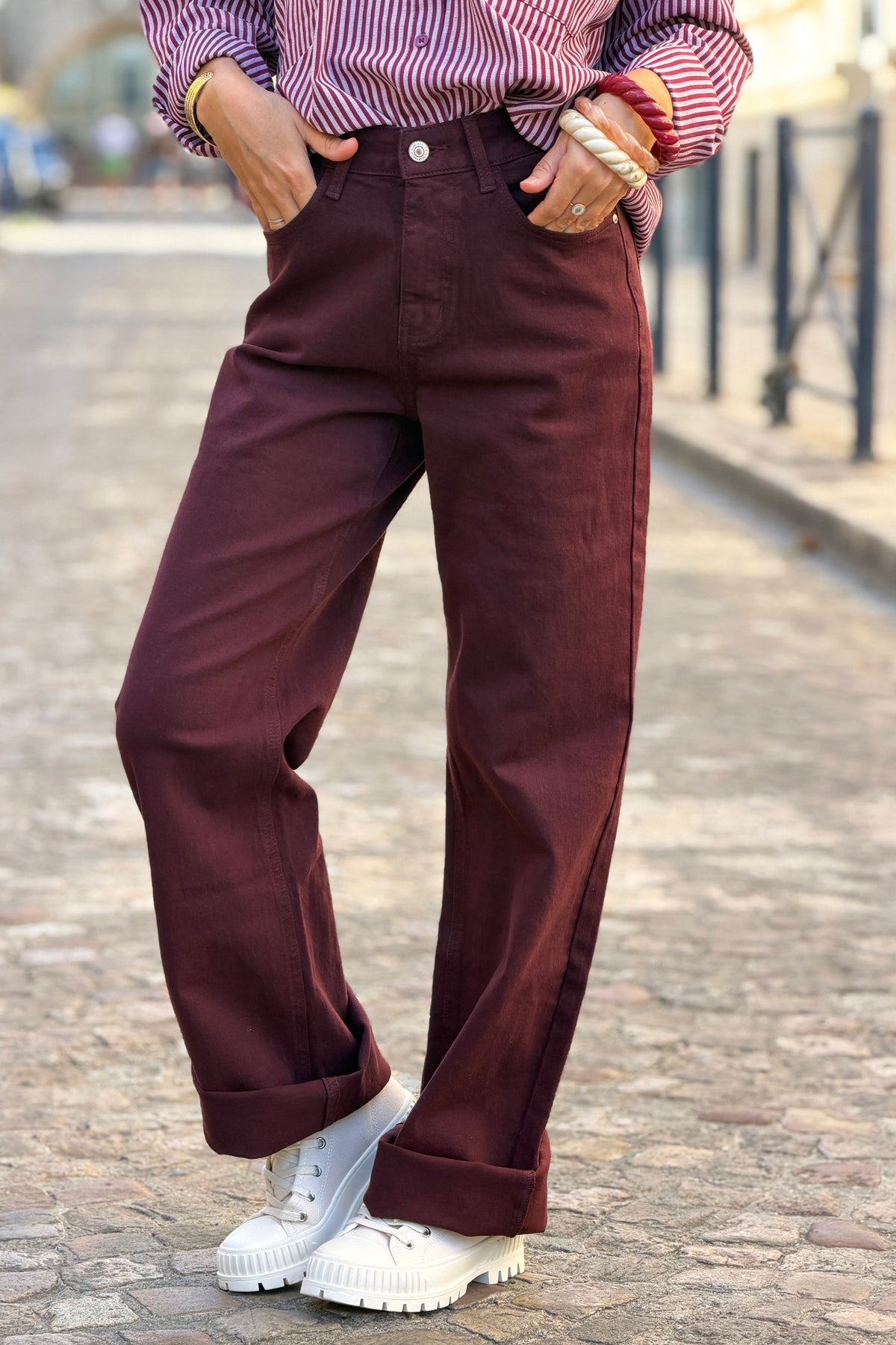 Jean long aubergine wide leg taille haute