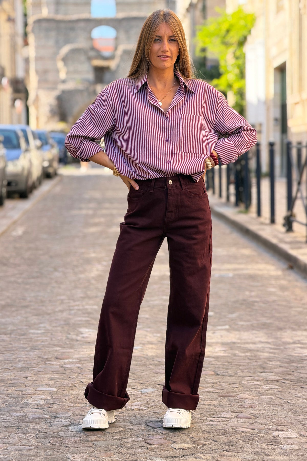 Jean long aubergine wide leg taille haute
