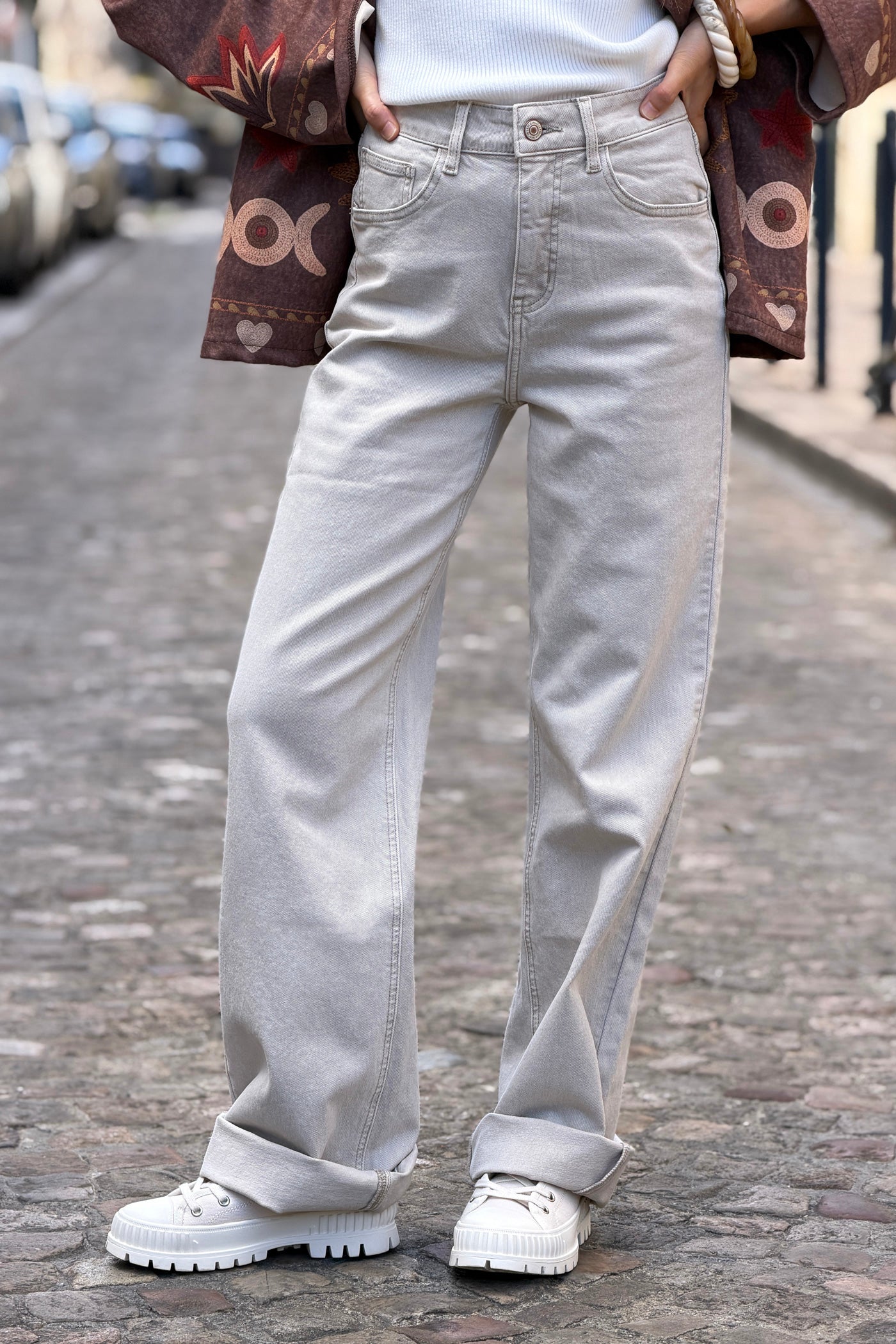 Jean long beige wide leg taille haute