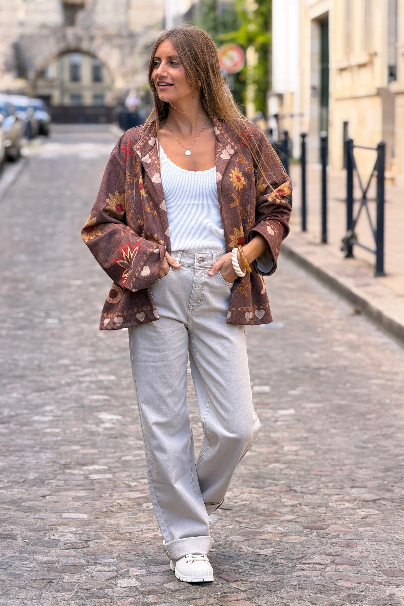 Jean long beige wide leg taille haute