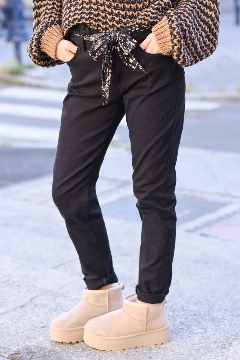 Black straight cut jeans with scarf belt