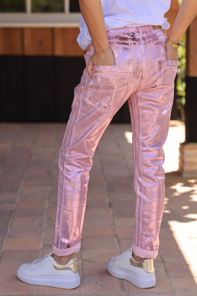 Pink denim slim fit jeans with metallic coated finish