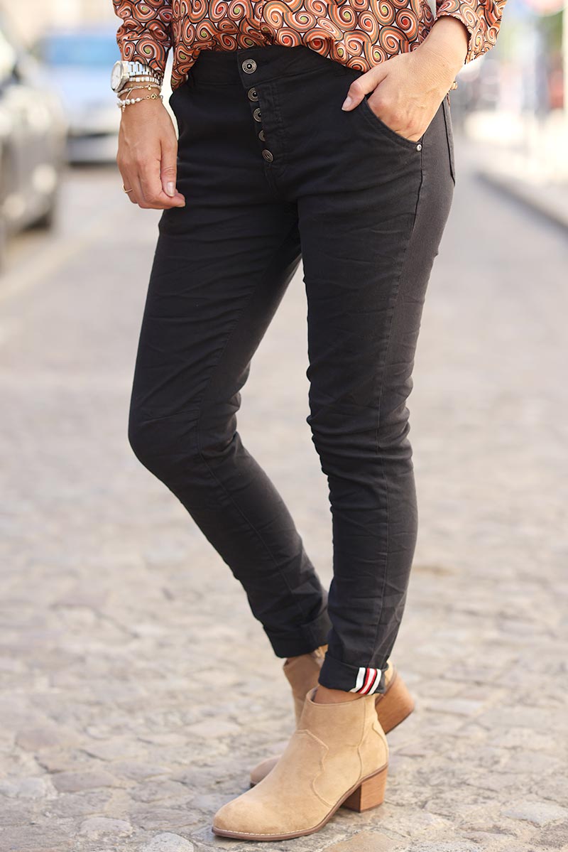 Jean skinny noir détail cheville avec liseré pantalon femme look casual G204