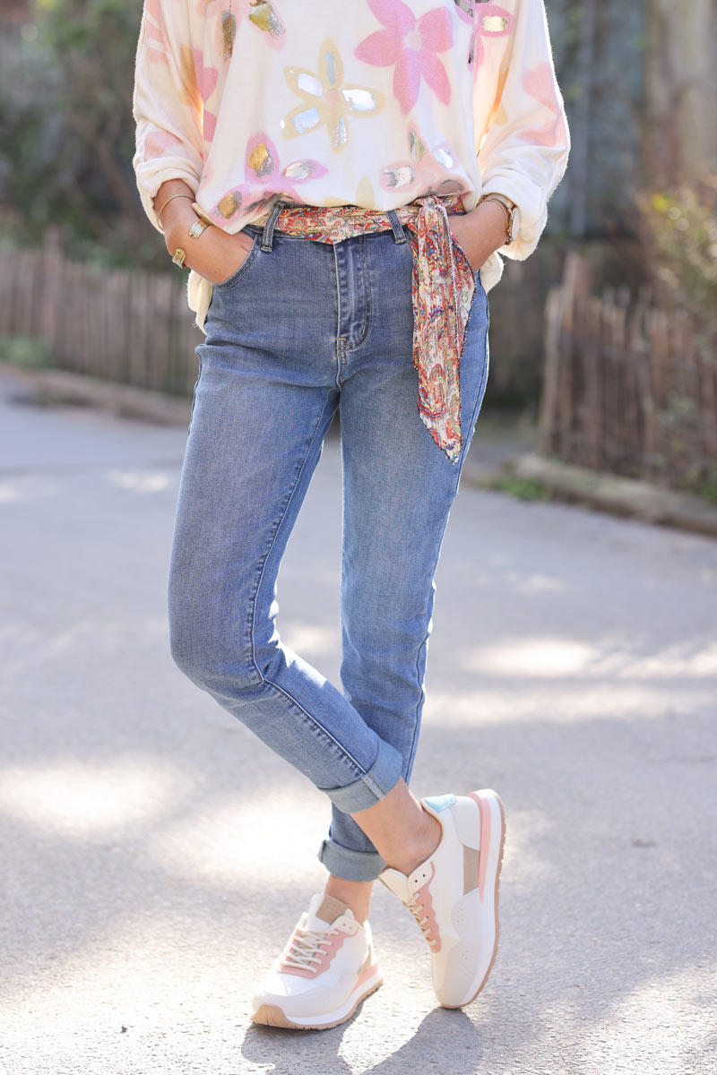 Medium washed stretch slim fit jeans with motif scarf belt