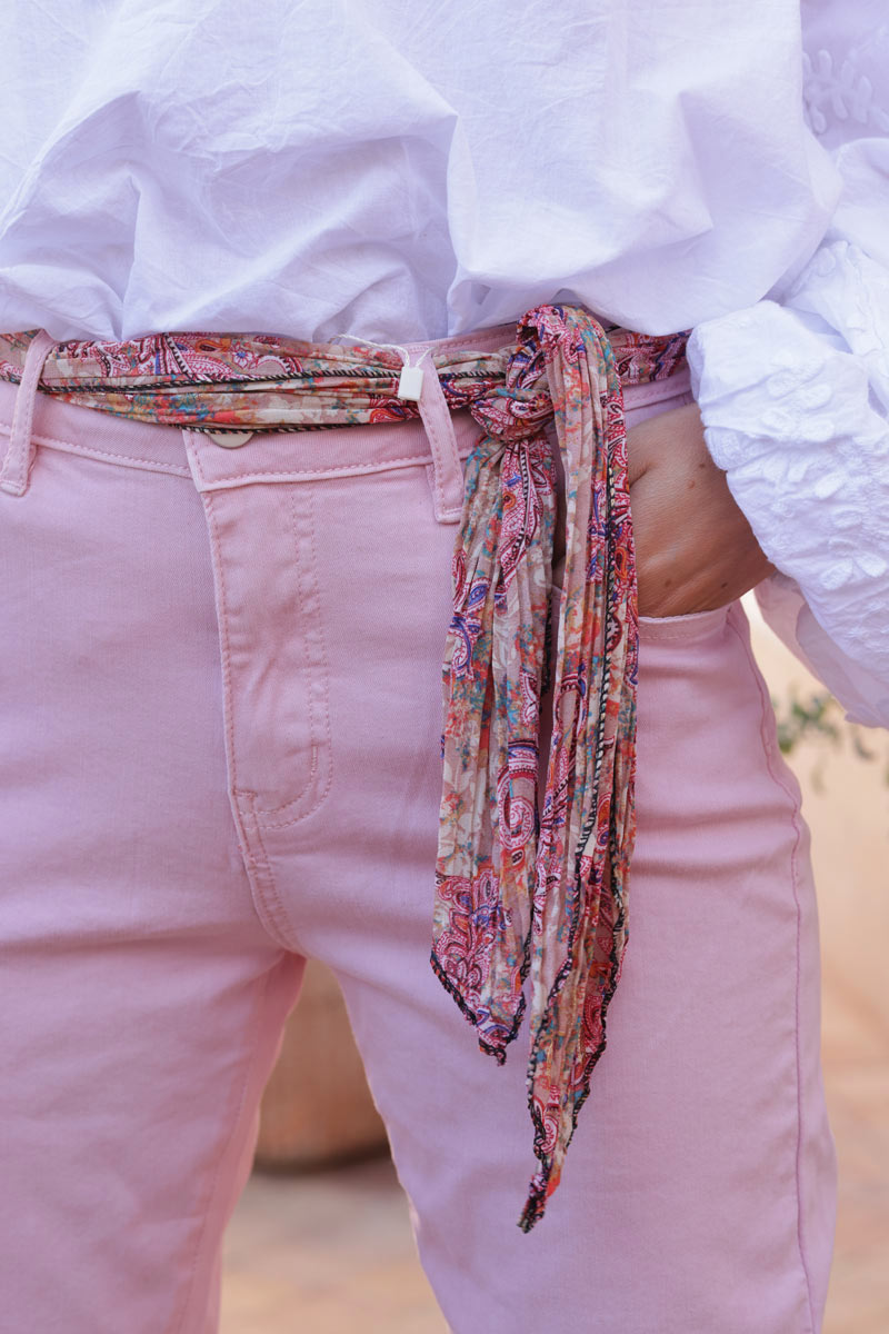 Pink stretch slim fit jeans with motif scarf belt