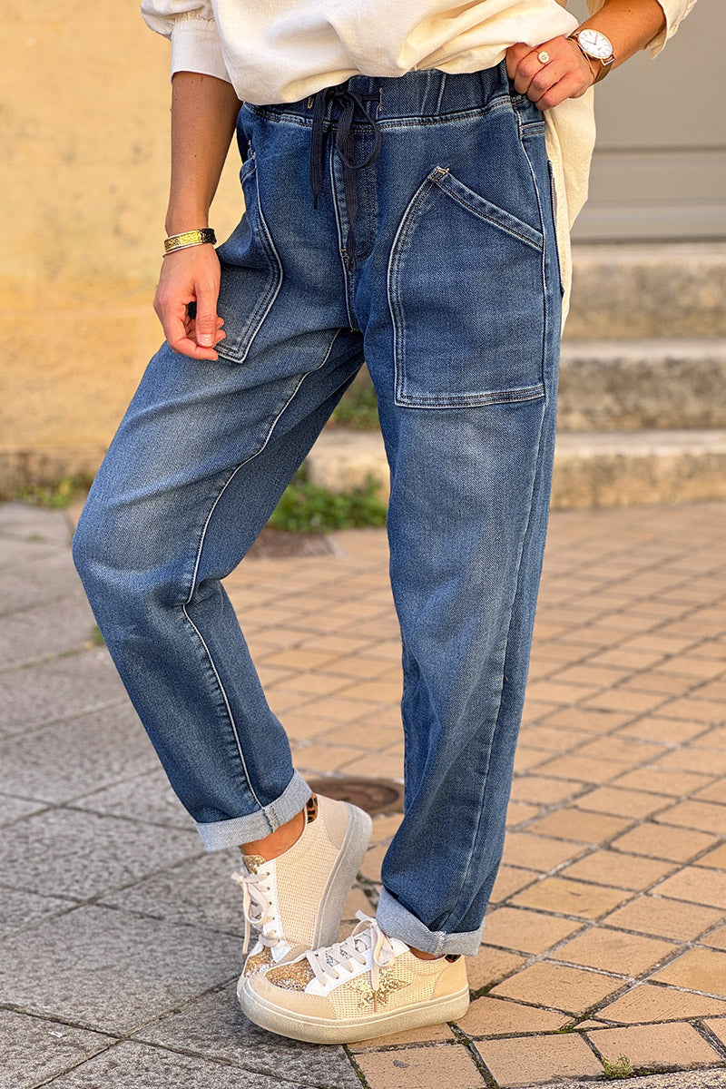 Medium Wash Pull-On Utility Jeans