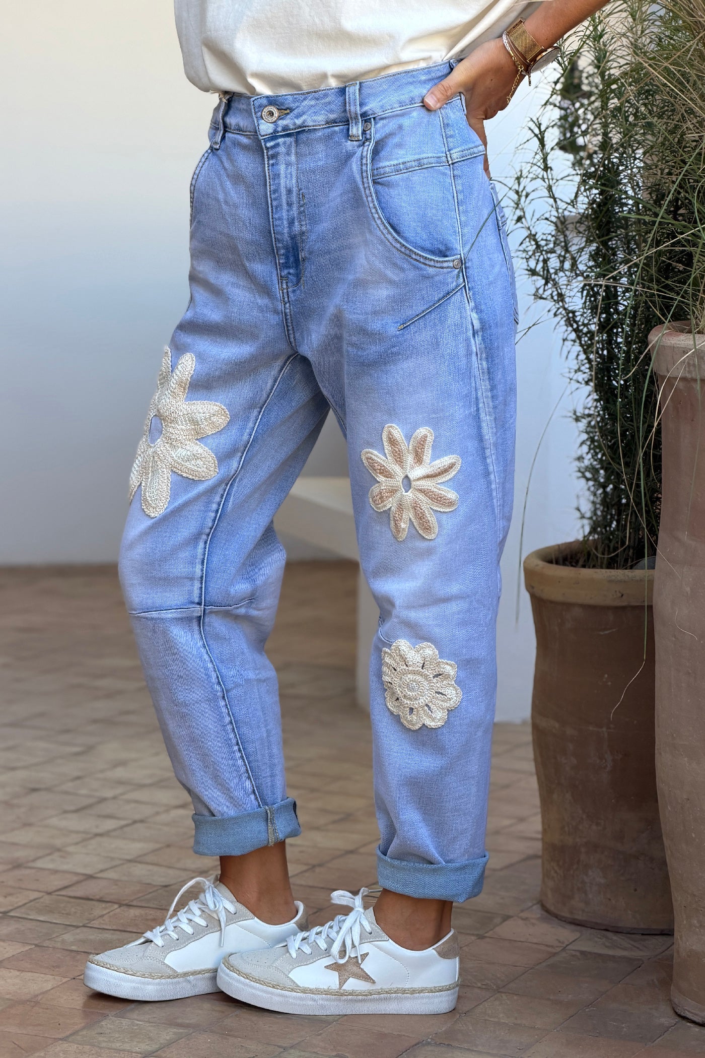 Chambray Daisy Crochet Applique Vintage Jeans