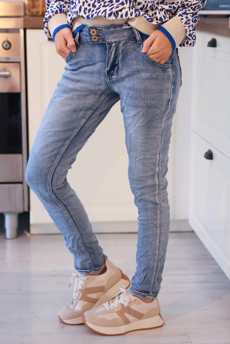 Light Wash Double Button Tab Skinny Jeans