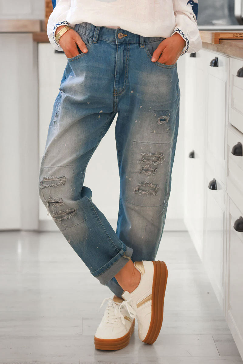 Medium Wash Sandblasted Boyfriend Jeans