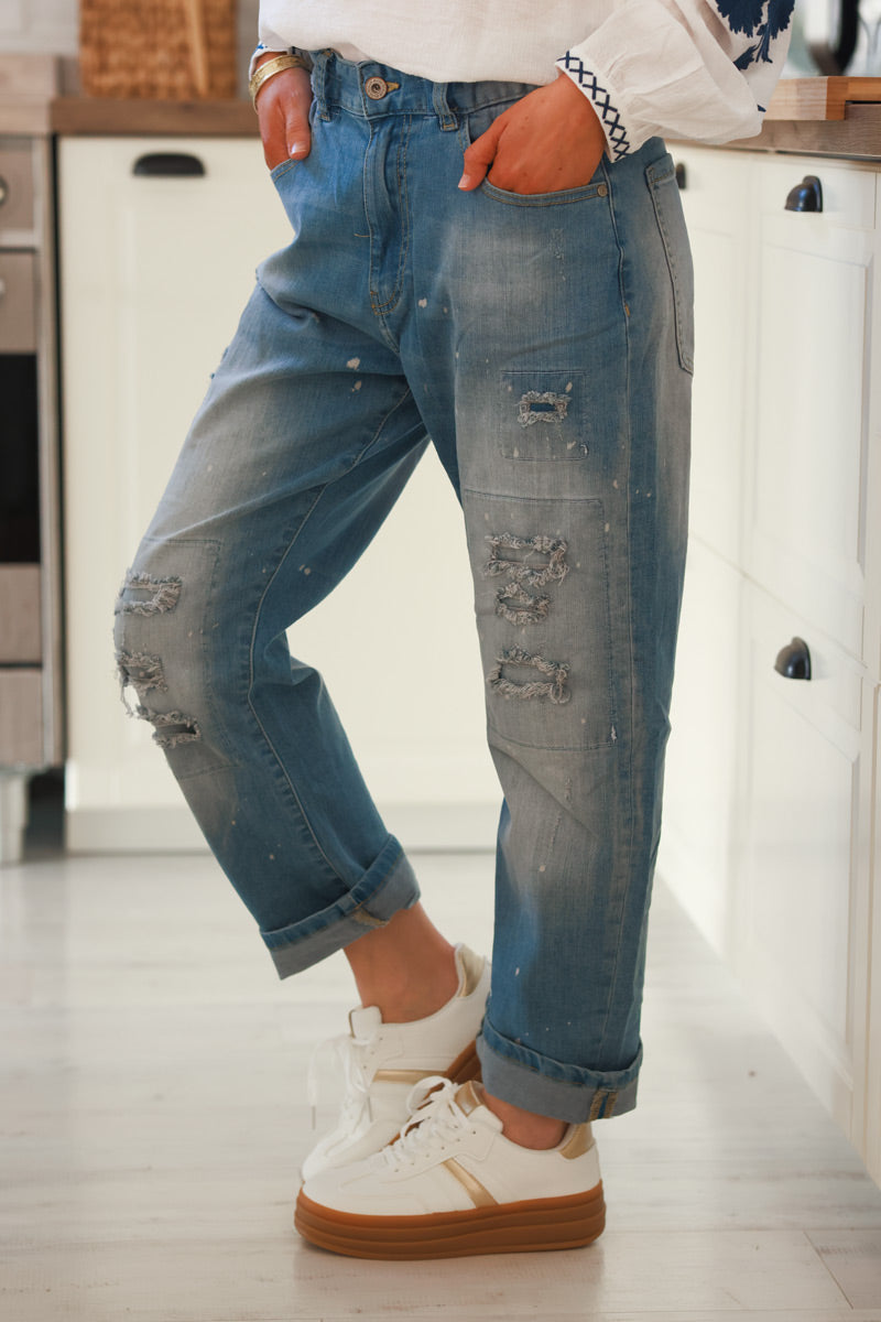 Medium Wash Sandblasted Boyfriend Jeans