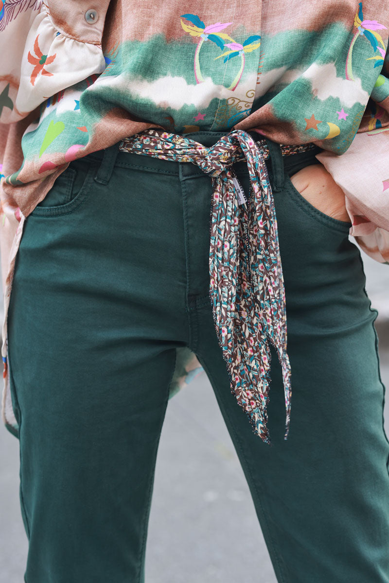 Bottle green straight cut jeans with scarf belt