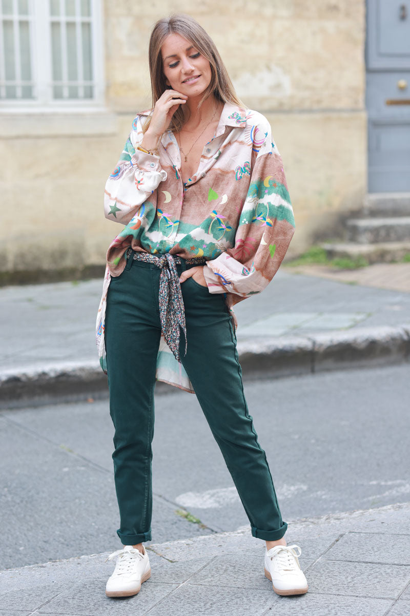 Bottle green straight cut jeans with scarf belt