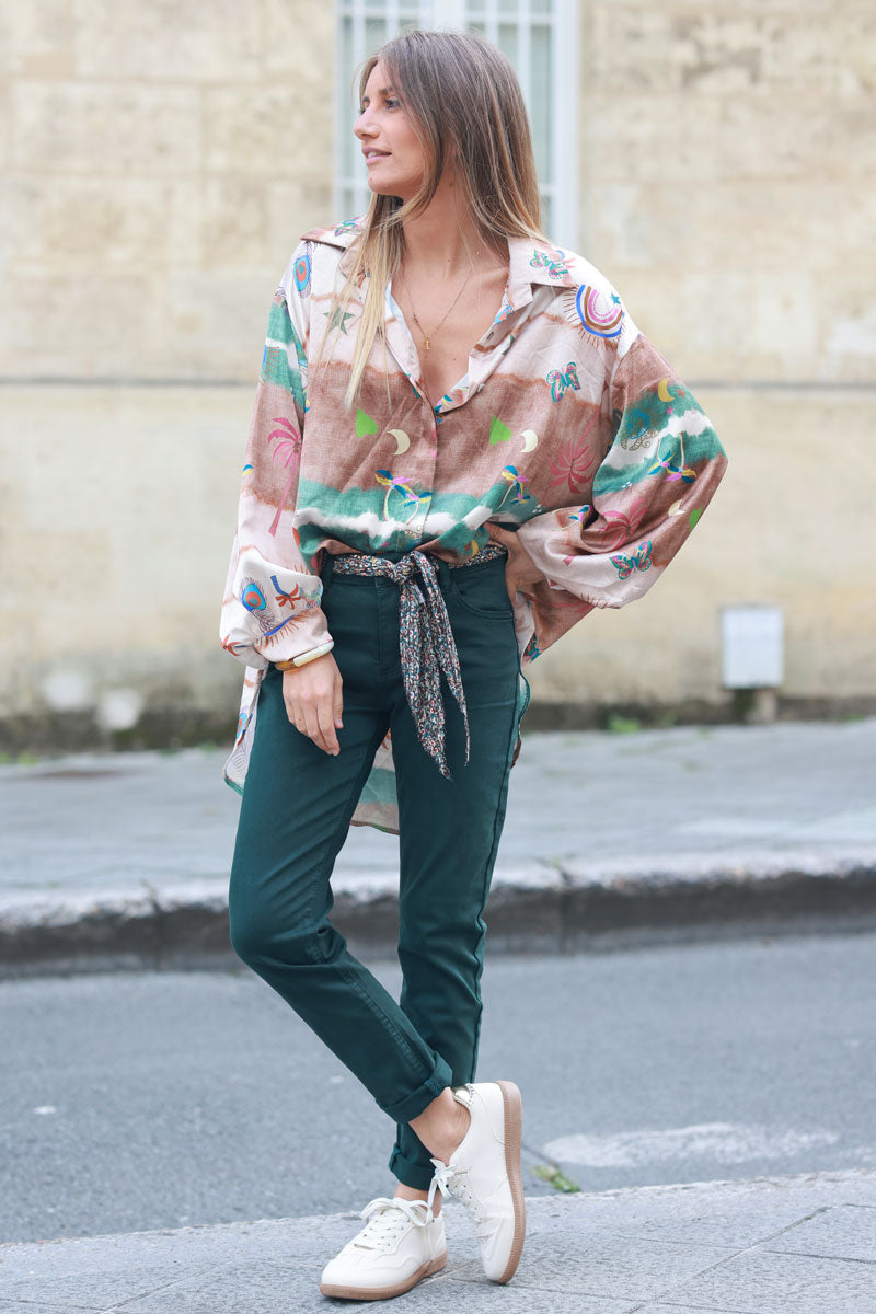 Bottle green straight cut jeans with scarf belt