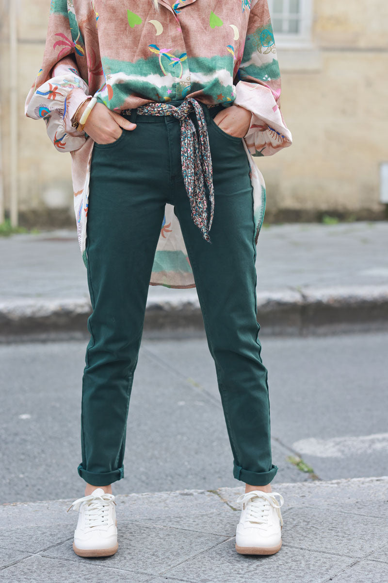 Bottle green straight cut jeans with scarf belt