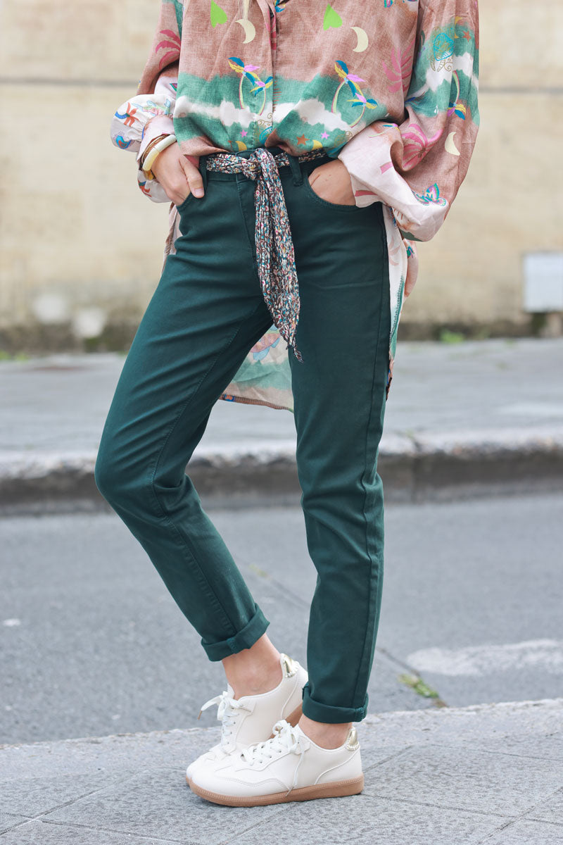 Bottle green straight cut jeans with scarf belt