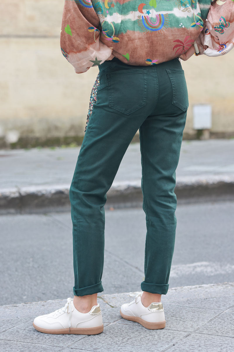 Bottle green straight cut jeans with scarf belt