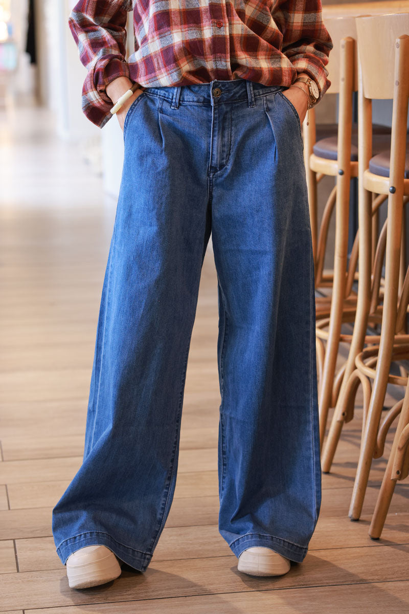 Medium Wash Wide-Leg Denim Trousers